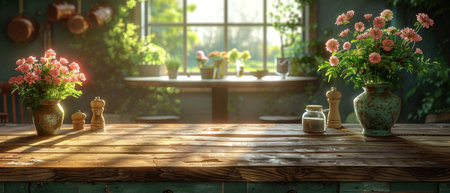 The interior of a green kitchen with an island. A stylish kitchen with wooden worktops. A cozy olive kitchen with utensils and appliances. The background of the kitchen shows a dining table. Detailedの写真素材