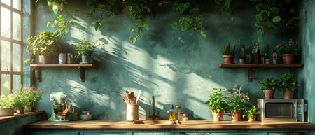 Stylish kitchen with wooden worktops. Cozy olive kitchen with utensils and appliances. Close-up of a kitchen worktop. 3D visualization.の写真素材