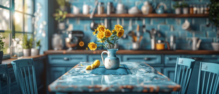 An expansive bright kitchen with a blue apron and blue chairs. 3D rendering. Highlight the marble countertop with kitchen appliances in the background.の写真素材