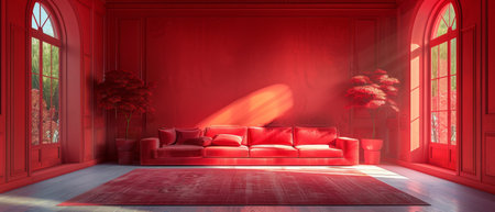 Living room concept with a completely red interior. 3D rendering.