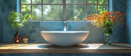 3d rendering of a bathroom interior with space for a mirror or bedside table. Empty space above the sink.の写真素材