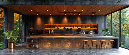 3d rendering of a minimalist kitchen. Handleless matte furniture made from a bar counter. Large...