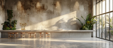Minimalist kitchen design with handleless matte furniture made from a bar counter. Large fittings...