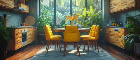 In this 3d rendering, the kitchen is designed in a minimalist style with a round dining table and...