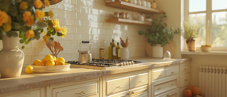There is a sink, hob, oven, kitchen utensils, drawers under the table top, and a modern style...