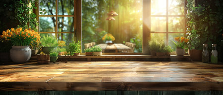 An olive green kitchen interior with an island. A stylish kitchen with wooden worktops. Close-up of a dining table in the background of the kitchen. 3D illustration.の写真素材