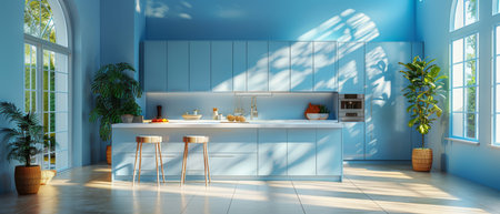 A blue kitchen interior with an island. A stylish kitchen with white countertops. A cozy bright kitchen with utensils and appliances. A workspace in the kitchen. 3D animation. 3D illustration.の写真素材
