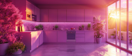 A purple kitchen in an interior studio. A smart apartment in 3D.の写真素材