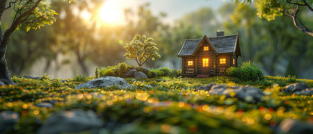 House on a green lawn in the garden. Wooden house. Morning sunrise in the garden. 3D render.の写真素材