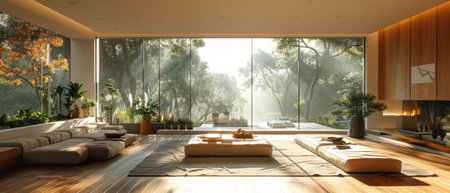 Rendering of a bright living room in 3D.