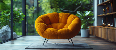 In this 3D rendering, we see a yellow armchair in an interior surrounded by shelves with decor.