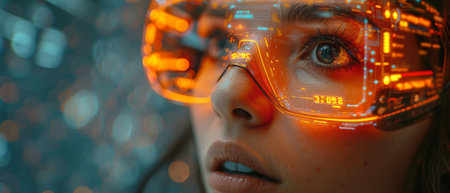 Digital technology, internet connection, big data, digital marketing, IoT internet of things. Background with a woman surfing the internet on a modern computer in a futuristic metaverse, usingの写真素材