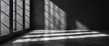 An abstract black neon background with empty room with black walls and shadows, shown in 3D...