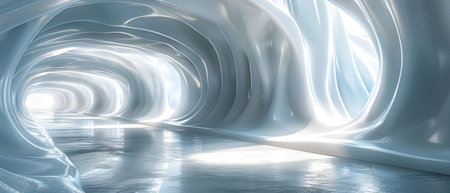 The background is a white futuristic tunnel leading to light from a wide angle. The art style is abstract 3D rendered.の写真素材