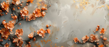 This abstract art background features flowers, branches, birds, golden brushstrokes. Oil on canvas....