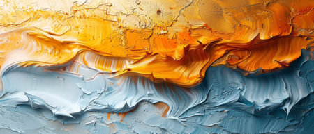 An abstract artistic background with golden brushstrokes and a textured background painted in oil on...