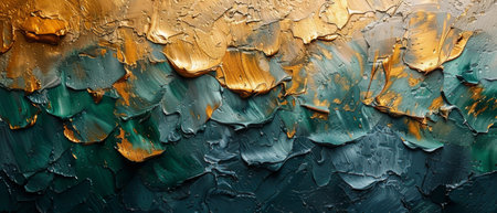 Background with abstract artistic elements. Retro, nostalgic, golden brushstrokes. Textured background. Oil on canvas. Geometric, green and gray. Prints, posters, cards, murals, paintings,の写真素材
