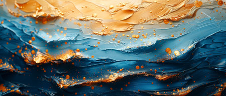 Art painting, mural, modern artwork, spots, strokes, orange, gold, blue, knife painting. Abstract...