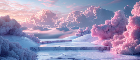 Featuring a Snow-Covered Marble Podium Against a Backdrop of Pink Clouds and a Whimsical Pink...