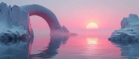 Panoramic 3D Render of Futuristic Geometric Shapes, Minimalist Zen Seascape, Calm Water, Glass Arch, Mirror, and Gradient Sky with Soothing Pink Hues Pastel Pink Serenityの写真素材
