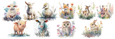 Adorable Watercolor Illustrations of Baby Farm and Wild Animals Surrounded by Beautiful Blooming Flowersのイラスト素材