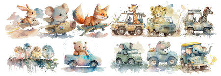 Whimsical Watercolor Illustration of Adorable Animals Enjoying a Joyful Ride in Vintage Vehicles, Perfect for Childrenâs Booksのイラスト素材