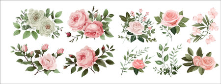 Elegant Collection of Pink Roses and Green Leaves; Detailed Vector Illustrations for Invitationsのイラスト素材