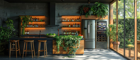 Kitchen interior with large refrigerator and plants, island with bar stools, and wine cabinet. 3D visualization.の写真素材