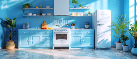 A creative blue kitchen interior with an island. A stylish white kitchen with white countertops. A cozy bright kitchen with utensils and appliances. A kitchen working space. 3D animation.の写真素材