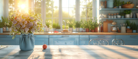 3D rendering of a spacious bright kitchen with blue chairs and an apron. The focal point is the marble countertop set against a background of kitchen appliances and utensils.の写真素材