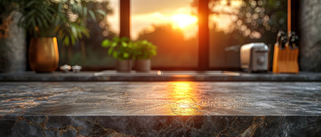 Close-up of marble countertop in a kitchen island against a blurry background of appliances and utensils by a window with green plants. 3D rendering.の写真素材