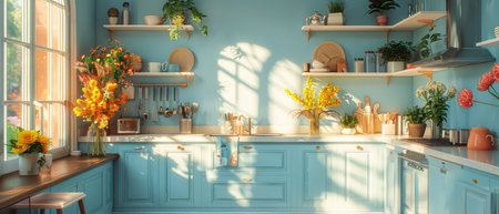 Kitchen interior with island. Working space with appliances and utensils. 3D rendering. 3D...