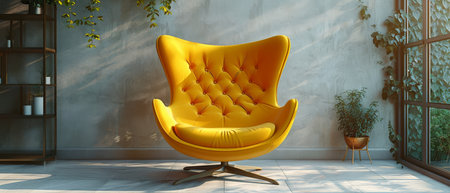 Against a background of shelves with decor, a bright yellow armchair appears in a 3D render