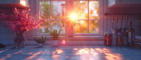 A minimalistic kitchen decorated with handleless matte furniture and large fittings under the ceiling. There is enough space for a dining area in the half-empty interior!の写真素材