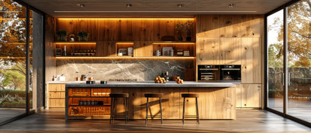 An open-plan kitchen with a large island and bar stools. Kitchen with marble top and wooden bottom....