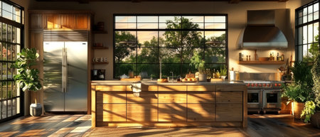 In this rendering, the focus of the interior is a large metal refrigerator in an L-shaped kitchen. 3D rendering. 3D illustration.の写真素材