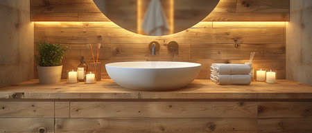 3D rendering of a bathroom interior with a mirror and bedside table.の写真素材