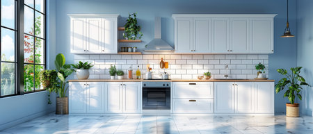 Interieur of a kitchen in 3D. Kitchen with an empty wall. Accessories for the catalog.