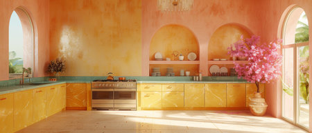 Modern pastel kitchen with splashback, green marble countertops, oven, dishes, pantry and...