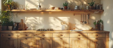 There are drawers under the table top in this modern style kitchen. There is a sink, hob, oven, and kitchen utensils. This 3D rendering shows the kitchen in all its glory....の写真素材