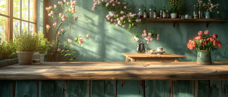 3D illustration of green kitchen interior. Wooden worktops with wooden utensils and appliances. Close-up of a dining table in the background.の写真素材