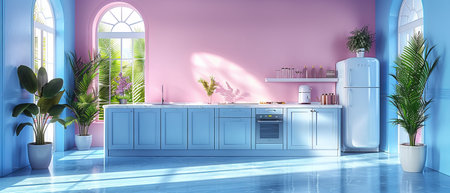 An interior scene of the kitchen with a blue island. A stylish kitchen with white countertops. A...