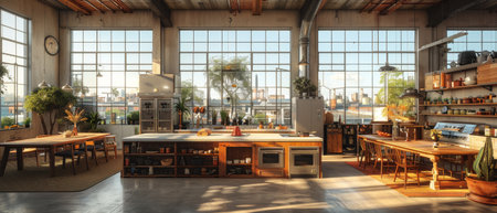 3D rendering of a large L-shaped kitchen with an island and kitchen appliances. A large metal refrigerator dominates the interior.の写真素材