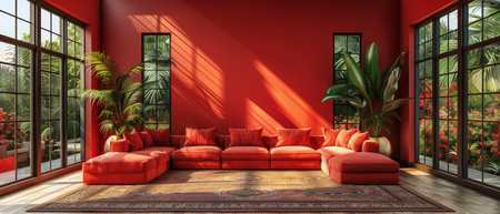 An interior with red accents. 3d rendering, living room concept. Nothing is whiteの写真素材