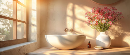 Interior bathroom with space for a mirror or bedside table. 3D rendering. Overhead space empty.の写真素材