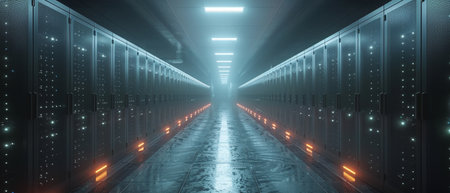Corridor in working data center with rack servers and supercomputers displaying high-resolution...
