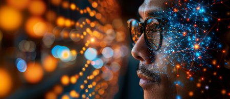 A reflection of an engineers eyeglasses reveals AI technology