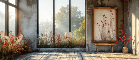 Rendering of an empty frame mock up in the interior with objects.