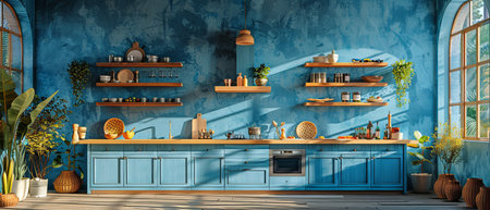 Interior of a kitchen. 3D rendering of an empty wall. Catalogue accessories.