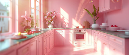 This is a rendering of a modern kitchen in pastel colors, with a splashback, green marble countertops, an oven, dishes, and a chandelier.の写真素材